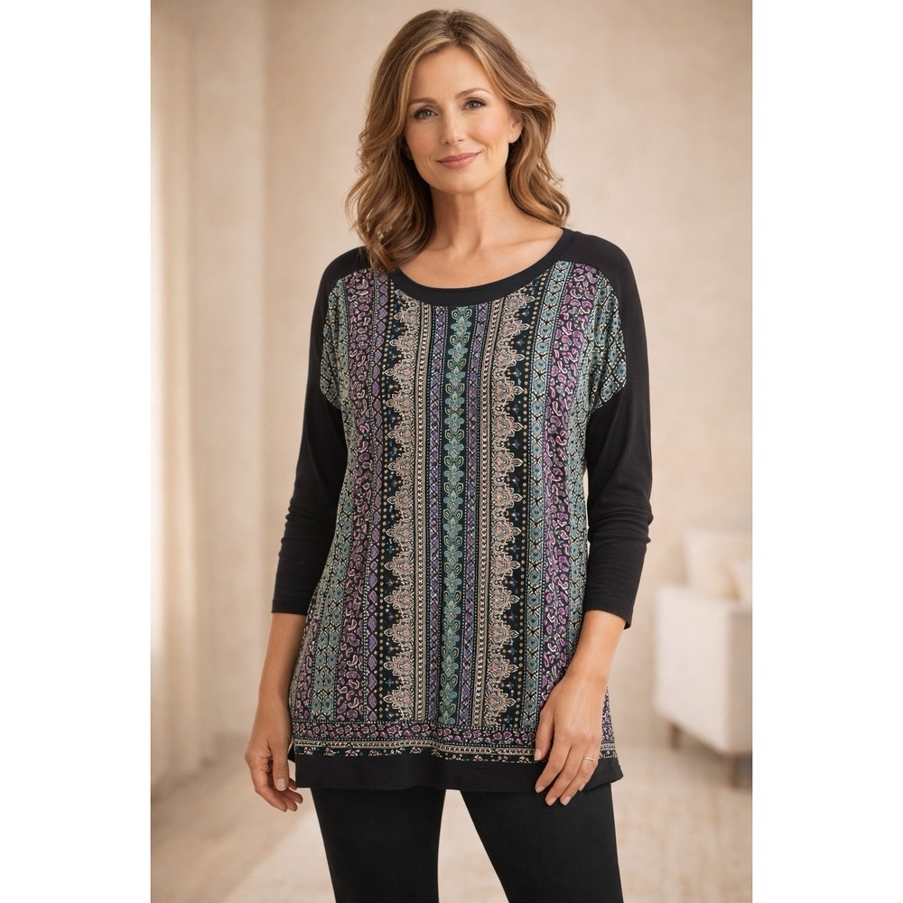 J. Jill Purple Cotton Blend Tunic Top 3/4 Sleeve Women's 2X *Boho Patchwork